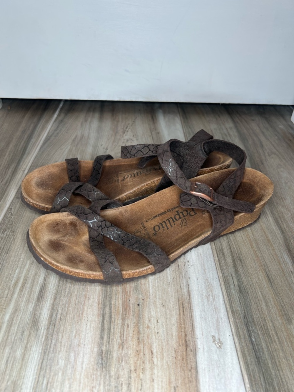 Papillio by Birkenstock Alyssa Brown Leather Snake Design Sandals Women Sz 10